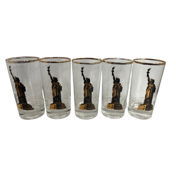 Set of 5 Vintage MCM Statue of Liberty Glass Gold Trim - Picture 5 of 6